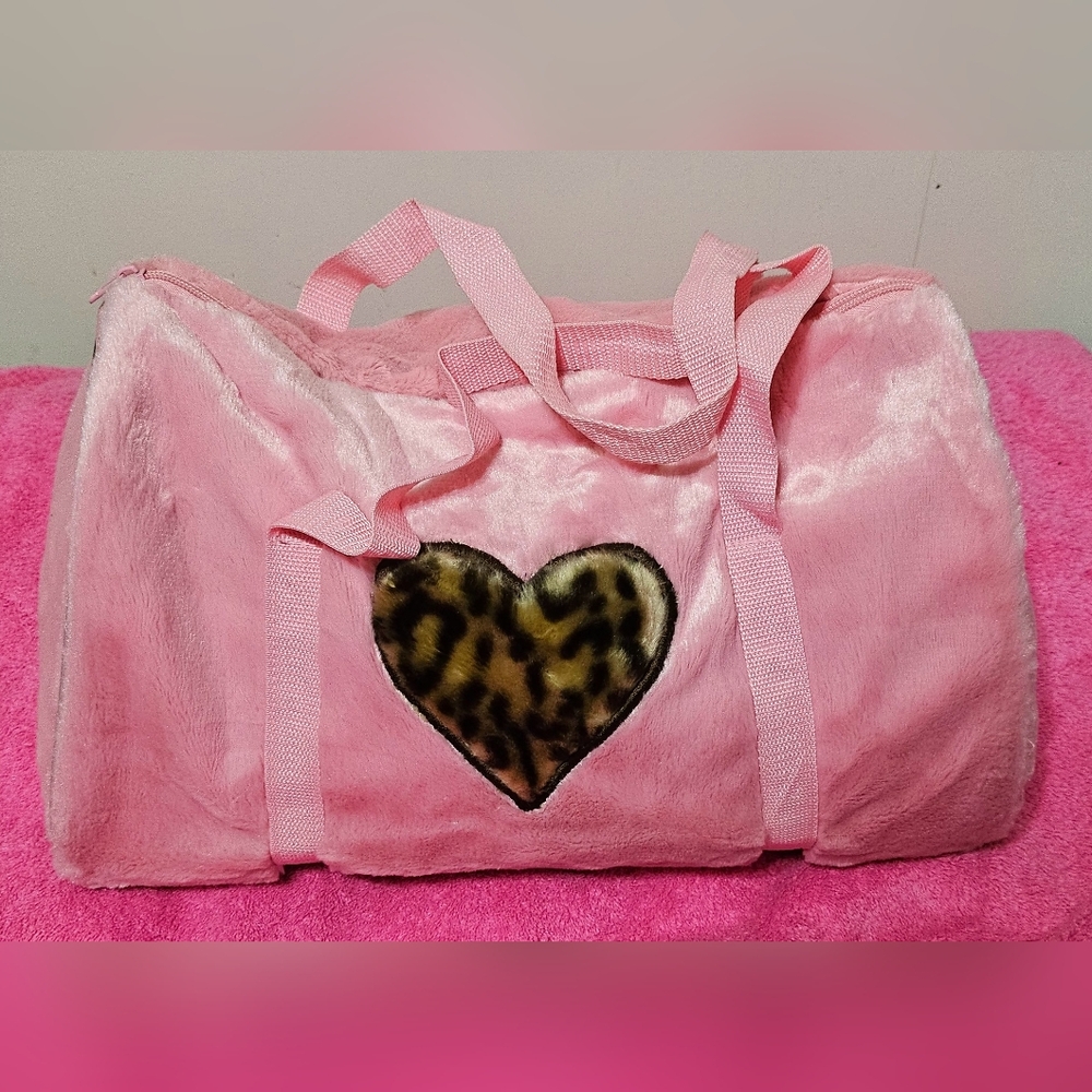 Pink Faux Fur Duffel Bag with Leopard Heart